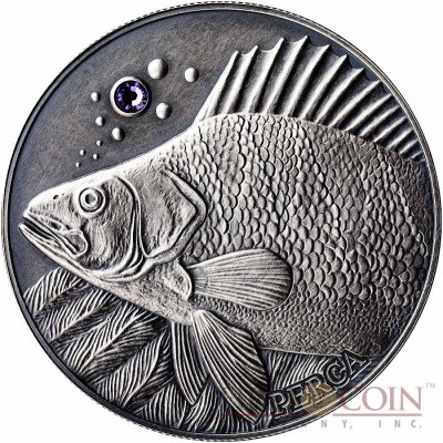 Andorra THE PERCH 2nd coin - EUROPE EDITION of ATLAS of WILDLIFE Series 1oz Silver coin Antique finish 10 Diners Ultra High Relief with Swarovski crystal 2014